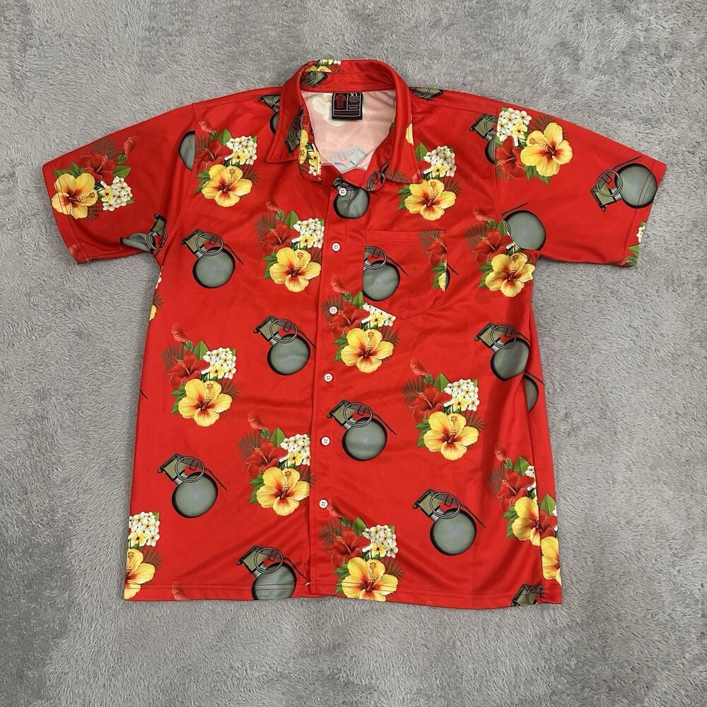 OAF Nation Men’s XL Red Hawaiian Aloha Shirt Floral Grenade Print Button Up